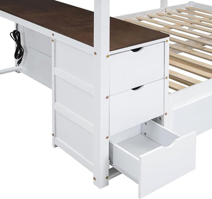 Ball & Cast Full-Over-Full Bunk Bed with Twin Size Trundle,Solid Wood Bedframe W/Desk & Drawers,USB,Space Saving,Easy Assembly,Multifunctional Bedroom Furniture Set for Boys Girls Teens,White+Walnut