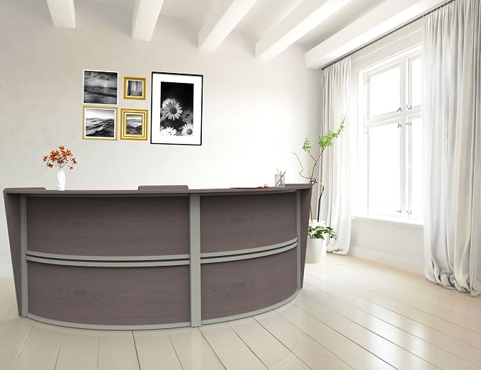 Linea Italia Curved Modern Office Desk Easy to Assembly 2 Panel Reception Counter for Lobby, Salon, 124" x 49", Mocha