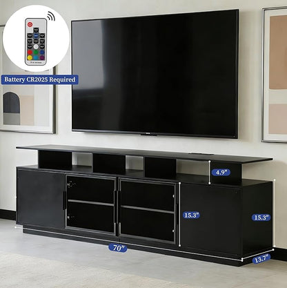 70-Inch Black TV Cabinet,Equipped with A USB Charging Strip,6 Large Storage Spaces,2 Glass Doors with Built-in Ambient Lighting,Serving as A Media and Entertainment Cabinet