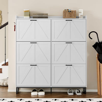 BORNOON Shoe Cabinet with 6 Flip Drawers Narrow Shoe Storage Cabinet Organizer Wooden Freestanding Shoe Rack Hidden Slim Shoes Storage Cabinet for Entryway, Hallway, Living Room, Bedroom
