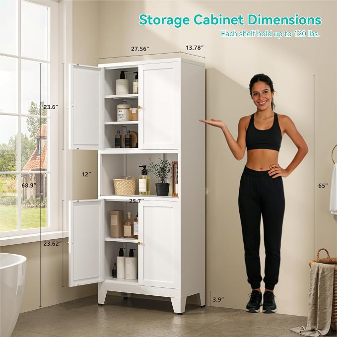 69" H Metal Pantry Cabinet with Open Shelf,13.78“Deep By 28" Wide Storage Cabinet with Doors and Adjustable Shelves,Microwave Stand,for Kitchen Dining Room Bathroom,White 1Pc