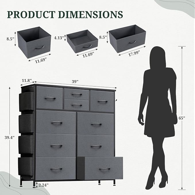 Dresser for Bedroom with Side Pockets and Hooks, 10 Drawers Storage Organizer Chest of Drawers, Sturdy Metal Frame for Living Room, Hallway, Closet, Dark Gray