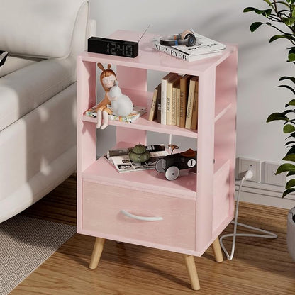 Aenuert Night Stand with Charging Station, Pink Nightstand with Drawer, 3-Tier Wooden Bedside Table with USB Ports and Outlets, End Table for Small Space, Living Room, Bedroom