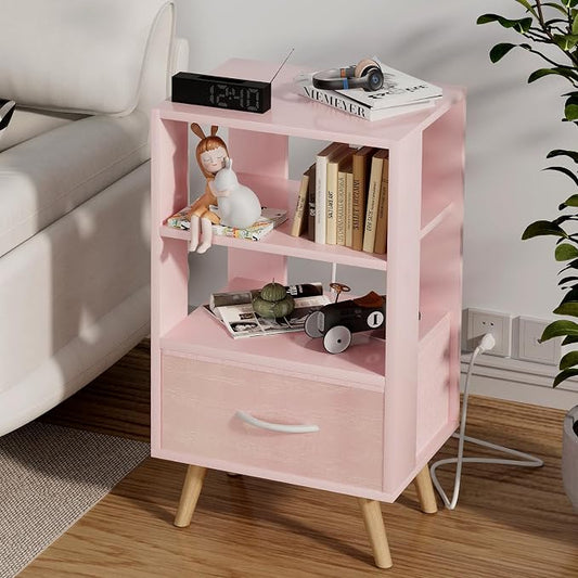 Aenuert Night Stand with Charging Station, Pink Nightstand with Drawer, 3-Tier Wooden Bedside Table with USB Ports and Outlets, End Table for Small Space, Living Room, Bedroom