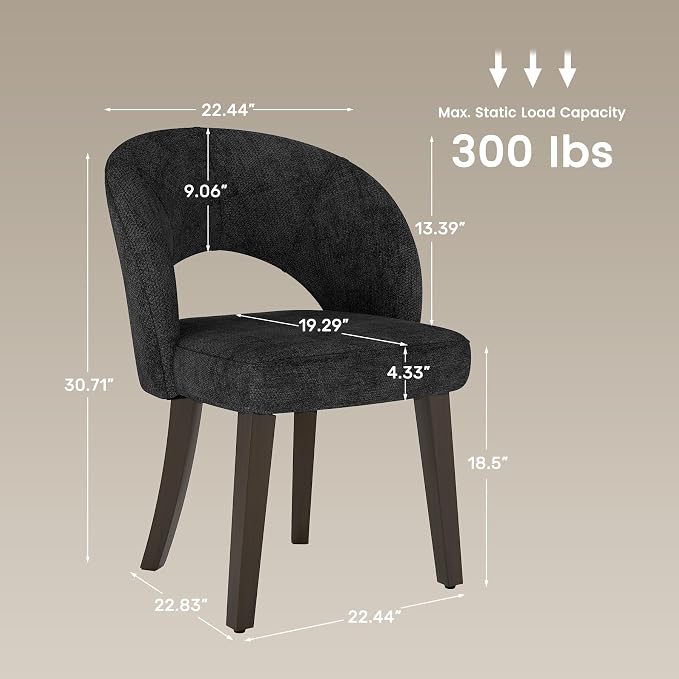 Dining Chairs Set of 6, Mid Century Modern Dining Chairs with Solid Wood Legs, Curved Back Kitchen Chair Farmhouse Side Upholstered Chairs for Kitchen Dining Room, Black