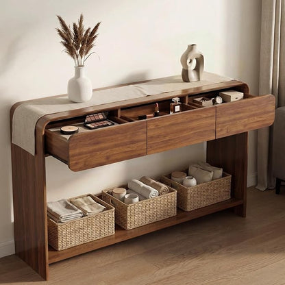 Nasonet Mid Century Modern Console Table, Entryway Table with 3 Storage Drawers, Wood Sofa Table Behind The Console Table for Entryway, Hallway, Living Room, Walnut