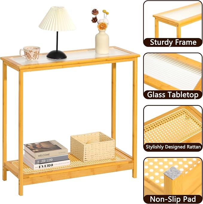 Bamboo Narrow Console Table, 31.5"(L) Wood Small Entryway Table with Rattan and Glass, Accent Slim Hallway Tables, Thin Sofa Side Tables for Hallway, Living Room, Foyer, Burlywood