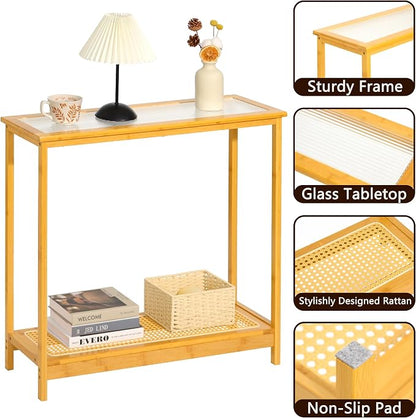 Bamboo Narrow Console Table, 31.5"(L) Wood Small Entryway Table with Rattan and Glass, Accent Slim Hallway Tables, Thin Sofa Side Tables for Hallway, Living Room, Foyer, Burlywood