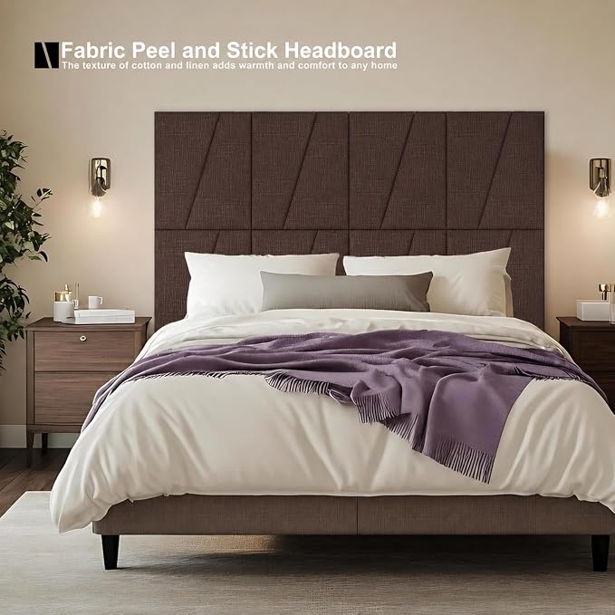 Peel and Stick Headboard Panels for Bed，Soft Padded Fabric Noise-Reducing Panels with Modern Stylish Design for Bedroom Decor (Coffee Brown, King)