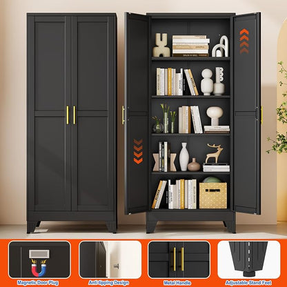 GAIOUS 71''Tall Metal Garage Storage Cabinet,File Cabinet with Door and Adjustable Shelves, Outdoor Steel Tool Cabinet for Home,Office,Warehouse,Garage,Black