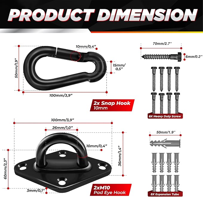 PAMAZY [Upgraded] 1700 lb Capacity 2PCS M10 Stainless Steel Pad Eye Hooks+2PCS 10MM Snap Hook + 8PCS Heavy Duty Screws for Hammock Hanging Kit, Swing Hanging, Wall/Ceiling Mount, Indoor & Outdoor