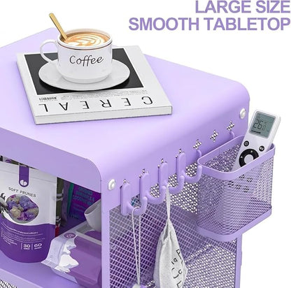 SYKIARIOL Kids Nightstand for Girls, Metal Bedside Table with 4 Hooks & Hanging Basket, 3-Tier Storage Shelf, Toddler Night Stand for Bedroom, Purple