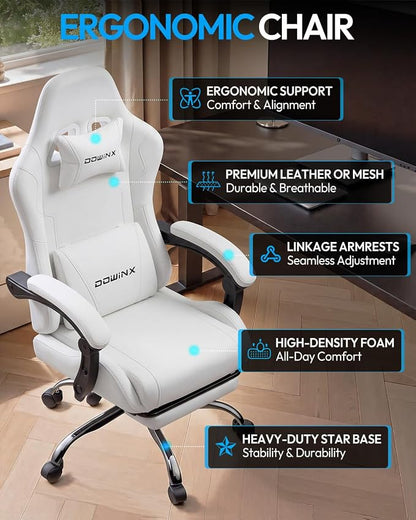 Dowinx Ergonomic Gaming Chair with Footrest & Massage Lumbar, 2D-Linkage Armrests for Computer Chair 330lbs with Headrest Pillow for Office, Home, Streaming and Long Gaming Sessions, Fabric Pure White