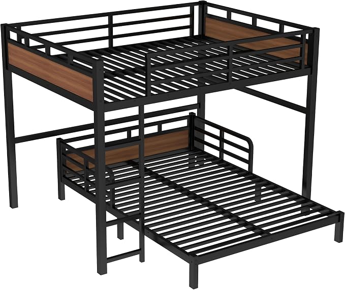 Queen Over Queen Metal Bunk Bed, Heavy Duty Convertible Bunk Bed Frame with Headboard & Full Guardrails, Can Be Split into Two Platform Beds or Loft Bed,Walnut