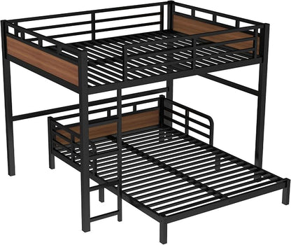 Queen Over Queen Metal Bunk Bed, Heavy Duty Convertible Bunk Bed Frame with Headboard & Full Guardrails, Can Be Split into Two Platform Beds or Loft Bed,Walnut