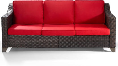 Joyside Patio Sofa - 3 Seater Rattan Sofa, All Weather High Back Sofa, Upgraded Large Size with 4inch Seat Cushions for Backyard, Garden, Poolside (Brown/Red)