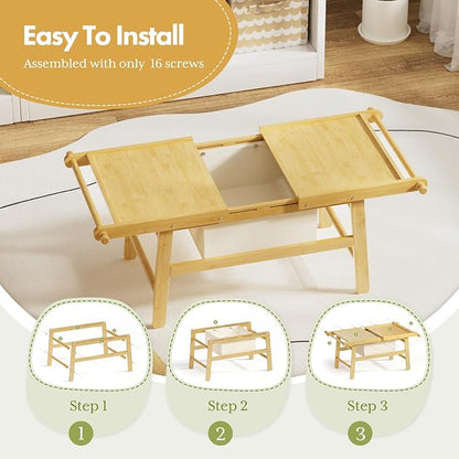 Kids Train Table with Storage, 5 in 1 Bamboo Activity Table for Building Blocks, Wooden Play Desk for Toddlers Ages 3-10, Multi-Functional Kids Table for Art, Drawing, Learning and Dining