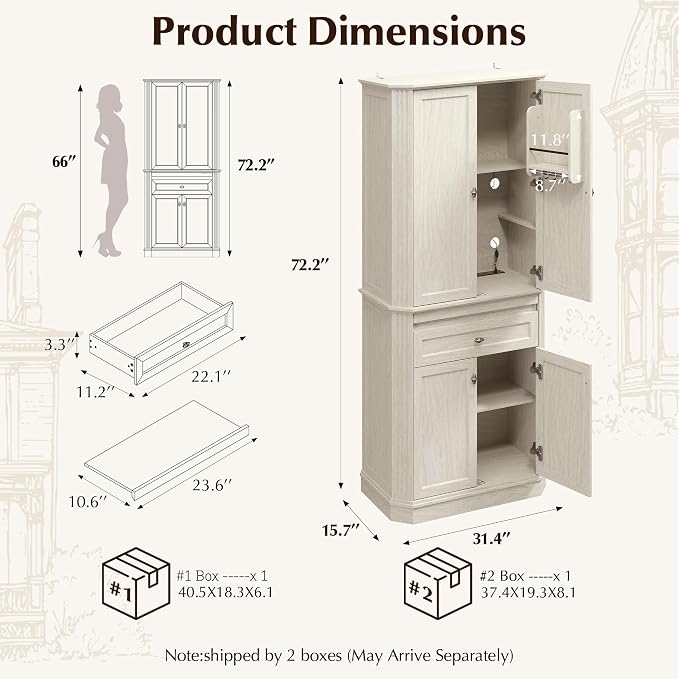 72.2" Tall Kitchen Pantry Cabinet with Doors, Farmhouse Storage Cabinet with Charging Station & LED Light, Drawer, Adjustable Shelves and Pull-Out Shelves, White Wood Pantry Cupboard for Dining Room