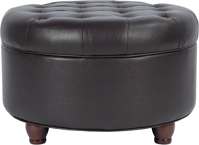 HomePop 25" Button Tufted Round Storage Ottoman - Distressed Brown Faux Leather