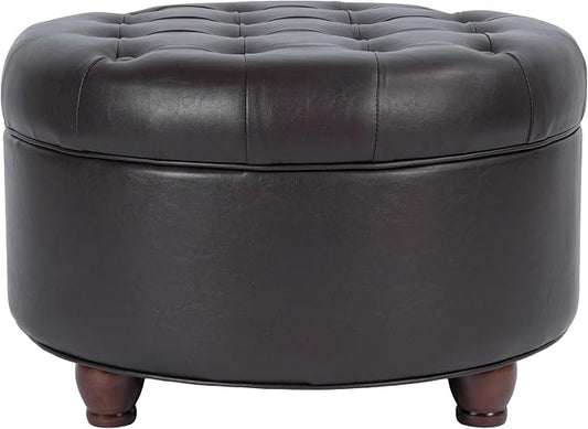 HomePop 25" Button Tufted Round Storage Ottoman - Distressed Brown Faux Leather
