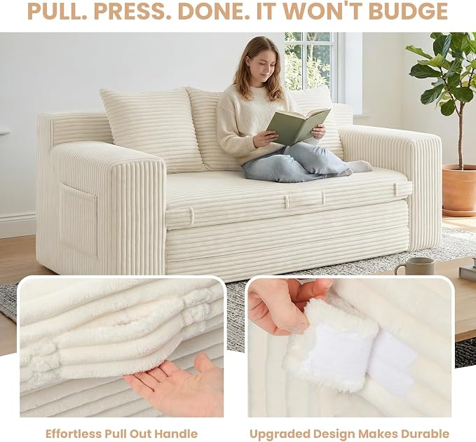Boneless Couch Sofa Bed, 70'' Convertible Tri-Folding Futon Sleeper with Handle & Side Pockets, Pull Out Couch Bed with Hook and Loop No Assembly for Small Space,Living Room & Bedroom