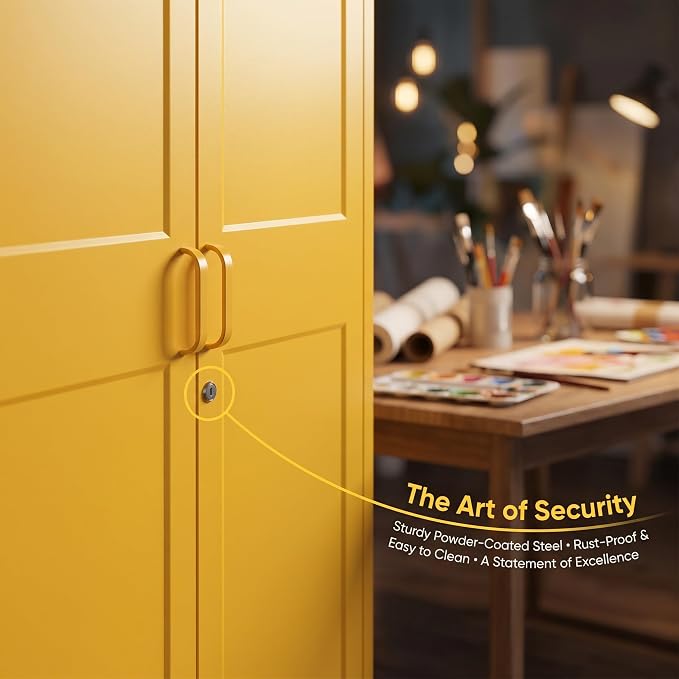 Lockable Yellow Tall Metal Wardrobe 67 Inch, Vintage Arched Door Steel Storage Cabinet with Adjustable Shelves & Leveling Feet for Home Office Bedroom Size：67" H x 31.5" W x 18.1" D