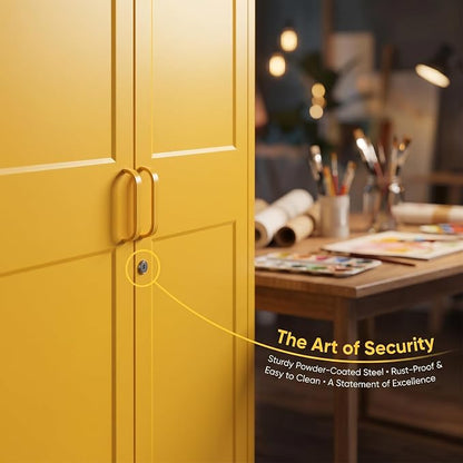 Lockable Yellow Tall Metal Wardrobe 67 Inch, Vintage Arched Door Steel Storage Cabinet with Adjustable Shelves & Leveling Feet for Home Office Bedroom Size：67" H x 31.5" W x 18.1" D