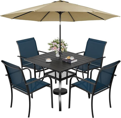 SUNCROWN 6 - Piece Outdoor Dining Set, Patio Furniture Set with 4 Textilene Dinning Chairs, 1 Steel Slat Metal Bistro Table and 1 Brown 9Ft Patio Umbrella for Lawn Garden Backyard Deck, Blue