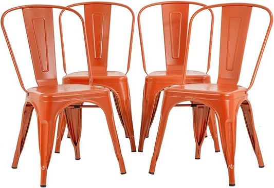 FDW | Set of 4 Metal Dining Chairs | Orange | Stackable Tolix Side Chairs with Backrest | Scratch-Resistant | Non-Slip Feet | Indoor/Outdoor Use | 330 lbs Capacity | Ideal for Kitchen & Restaurant