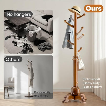 Hall Tree, Freestanding Wood Tree Rack with 7 Hooks, Coat Rack with Stable Sphere Base, Wooden Coat Rack Stand, Load 210 lb, Coat Hanger Stand for Entryway, Hallway, Bedroom (Natural)
