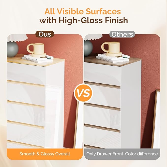 VINGLI 5 Drawer Dresser for Bedroom, 45" H Tall Dresser Chest of Drawers, High Gloss Wood Modern Storage Cabinet with Brown Top