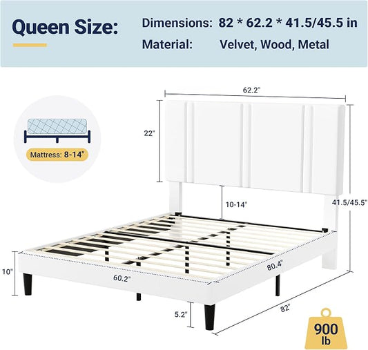 Allewie Queen Platform Bed Frame with Adjustable Headboard, Plush Velvet Upholstered, Vertical Channel Tufted, Sturdy Wooden Slats, No Box Spring Needed, Easy Assembly, White