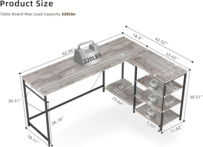 YOSHOOT 63" L Shaped Computer Desk, Gaming Desk | Office Desk with Open Shelves, Corner Desk L Shape for Home Office Work Study, Grey