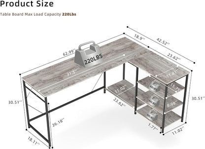 YOSHOOT 63" L Shaped Computer Desk, Gaming Desk | Office Desk with Open Shelves, Corner Desk L Shape for Home Office Work Study, Grey
