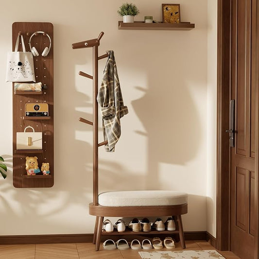AQIMUELE Shoe Rack with Coat Rack, Wooden Shoe Bench with Upholstered Cushion, 3-in-1, 2-Tier Shoe Storage and Cute Animal Hooks for Entryway, Hallway, Closet (Walnut 32.2")