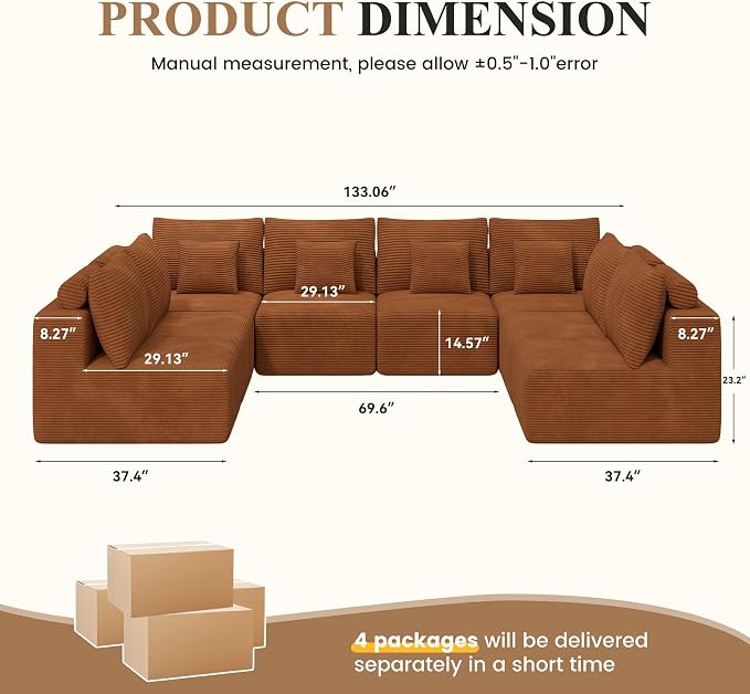 Modern U Shaped Modular Sectional Sofa, Convertible Oversized Cloud Couches for Living Room, Comfy 8 Seater Corduroy Boneless Couch Sofa Set, No Assembly Required, Beige 1 PCS