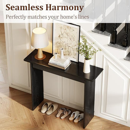AQIMUELE Black Console Table Thin Rubberwood Minimalist Mid-Century Style | Stable and Sturdy 11.8" D x 39.4" W x 31.5" H for Entryway/Sofa Back