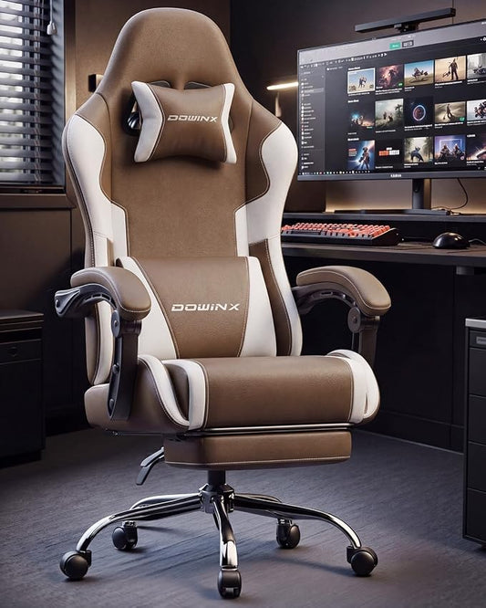 Dowinx Ergonomic Gaming Chair with Footrest & Massage Lumbar, 2D-Linkage Armrests for Computer Chair 330lbs with Headrest Pillow for Office, Home, Streaming and Long Gaming Sessions, Fabric Brown