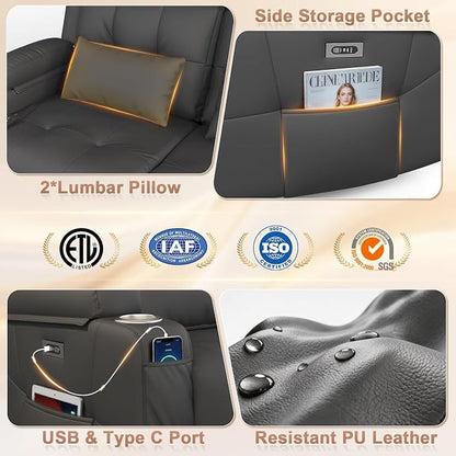 Power Reclining Loveseat with Massage & Heat,Wall Hugger Home Theater Seating with LED Lights,USB & Type-C Ports, Ideal for RV, Home Theater and Game Room,Gray,2 Seats