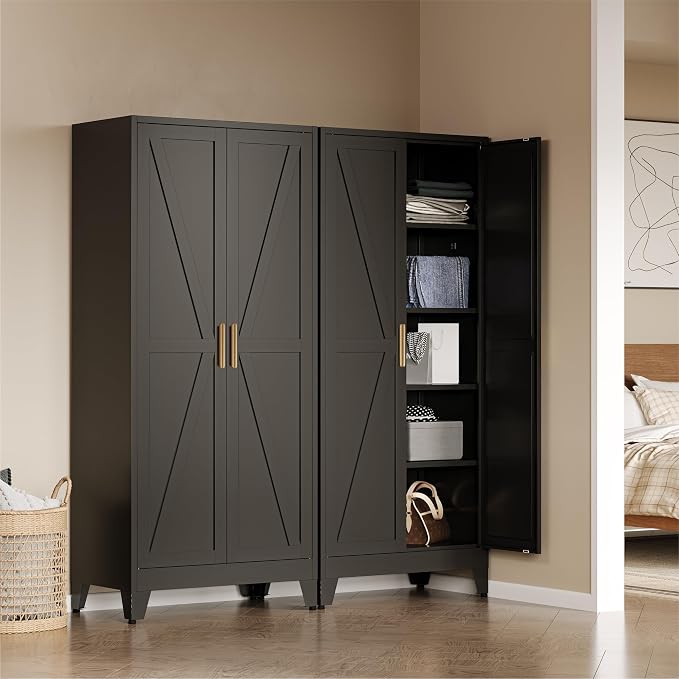 COFaR Metal Armoire Wardrobe Closet with Doors and Shelves & Hanging Rod, 71" Tall Freestanding Wardrobe Storage Cabinet, Bedroom Armoires,Steel Wardrobe Cabinet for Cloak Room,Laundry Room,Gym,Office