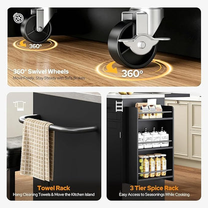 Concho 41'' Kitchen Island with Seating and Stainless Steel Countertop, Rolling Kitchen Carts on Wheels with Folding Drop Leaf, Bar Stool, Power Outlet, Spice/Towel Rack, Black
