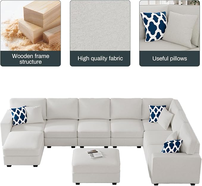 Legend Vansen Oversized Modular Sectional Sofa,U/L‑Shaped Reversible Couch with Ottoman,Deep Seat Plush Polyester Sofa for Living Room,9‑Seater,Cream