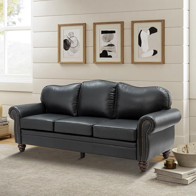81" Genuine Leather Sofa, Classic 3-Seater Couchs with Wood Legs, Stylish & Comfortable Sofa for Living Room or Office, Easy Assembly and Maintain & Long-Lasting, Black