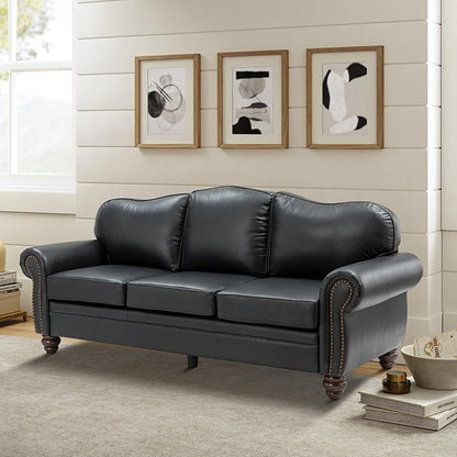 81" Genuine Leather Sofa, Classic 3-Seater Couchs with Wood Legs, Stylish & Comfortable Sofa for Living Room or Office, Easy Assembly and Maintain & Long-Lasting, Black