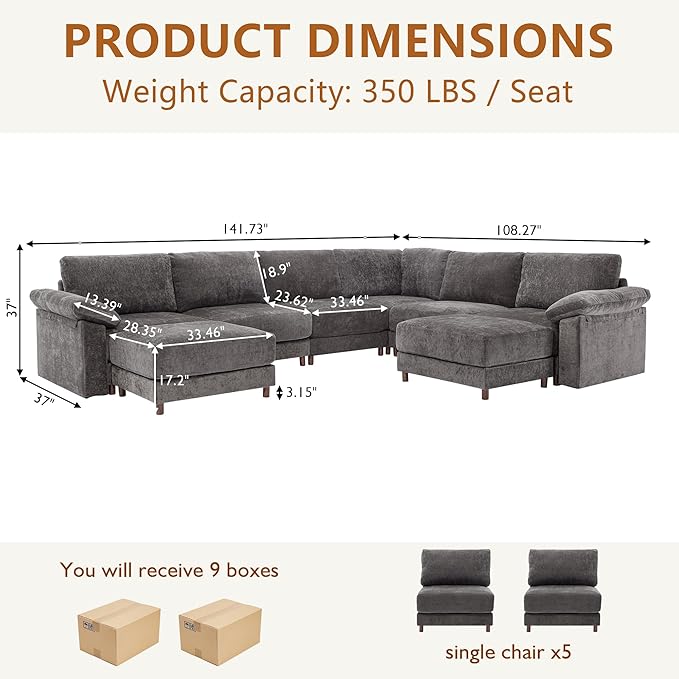Oversized L Shaped Sectional Couch for Living Room, Extra Large Deep Seat Modular Sectional Sofa with Washable Covers, Modern Cloud Couch for Apartment, Bedroom (Gray, U Shape 8 Seat)