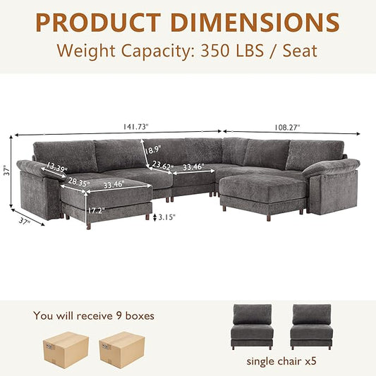 Oversized L Shaped Sectional Couch for Living Room, Extra Large Deep Seat Modular Sectional Sofa with Washable Covers, Modern Cloud Couch for Apartment, Bedroom (Gray, U Shape 8 Seat)
