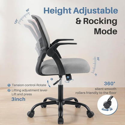DUMOS Home Office Desk Chair - Ergonomic Computer Mesh Chair with Lumbar Support & Rocking Mode, Height Adjustable with Flip-up Armrest, for Conference, Meeting Room, 360° Swivel, Adults, Grey
