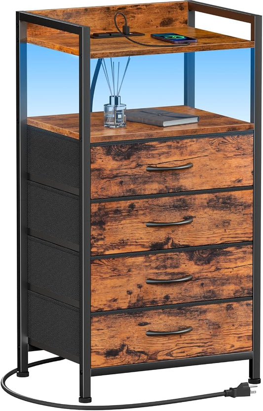 Furnulem Night Stand with Charging Station, 4 Drawer Tall Bedside Table | small dresser for bedroom, with LED light & Remote Control, Fabric Bins and Metal Frame,Wood Desk Top,Easy Assemble for Dorm