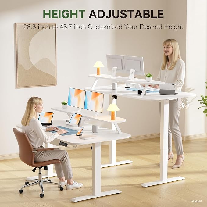 GTPLAYER Electric Standing Desk with Drawers, 48 x 24 Inches Height Adjustable Computer Desk with Monitor Stand, Laptop Stand, Sit Stand up Desk with Memory Preset for Home, Office, Ivory White