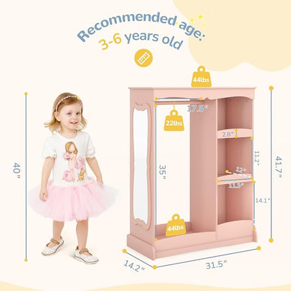 Curipeer Kids Dress Up Storage with Flower Mirror, Open Hanging Closet Wardrobe for Children, Kids Armoire & Costume Organizer for Bedroom Playroom Preschools Classroom, Pink